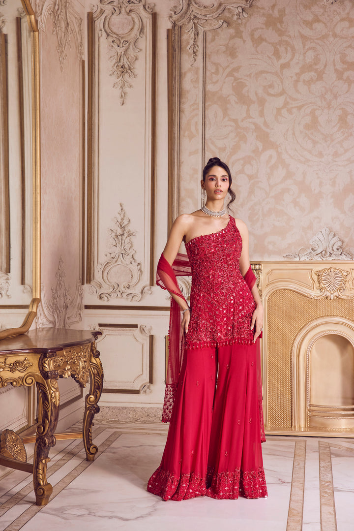 Magenta One Shoulder Kurta And Pants