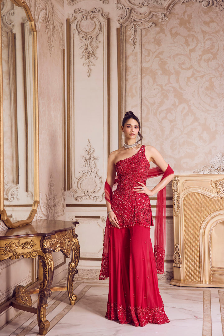 Magenta One Shoulder Kurta And Pants