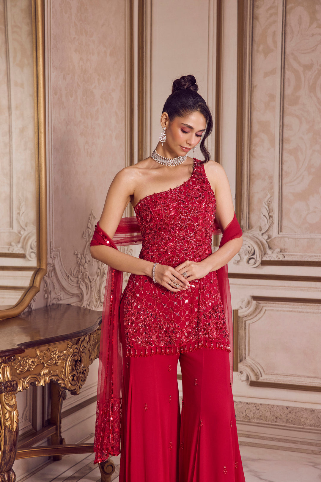 Magenta One Shoulder Kurta And Pants