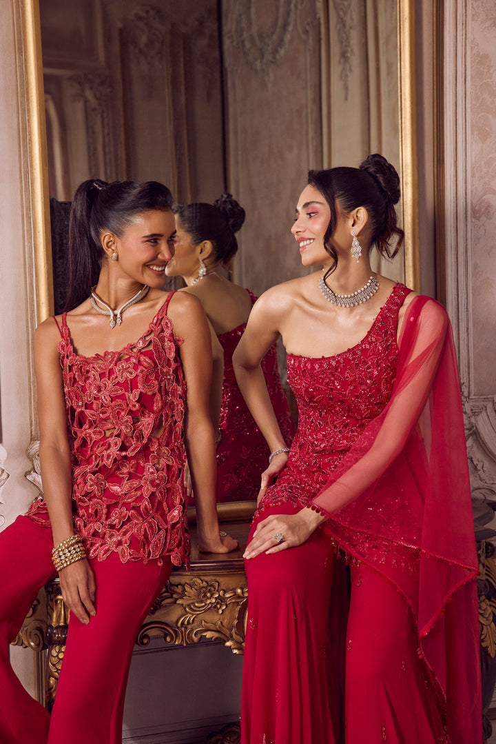 Magenta One Shoulder Kurta And Pants