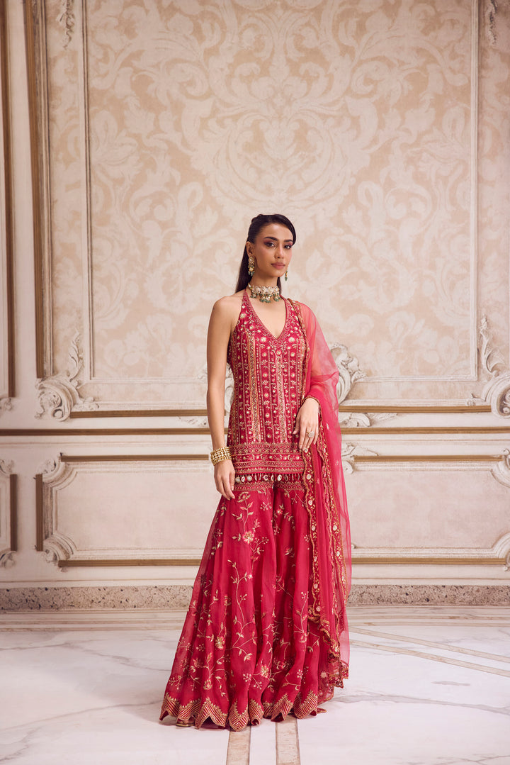 Magenta Halter Neck Kurta And Sharara