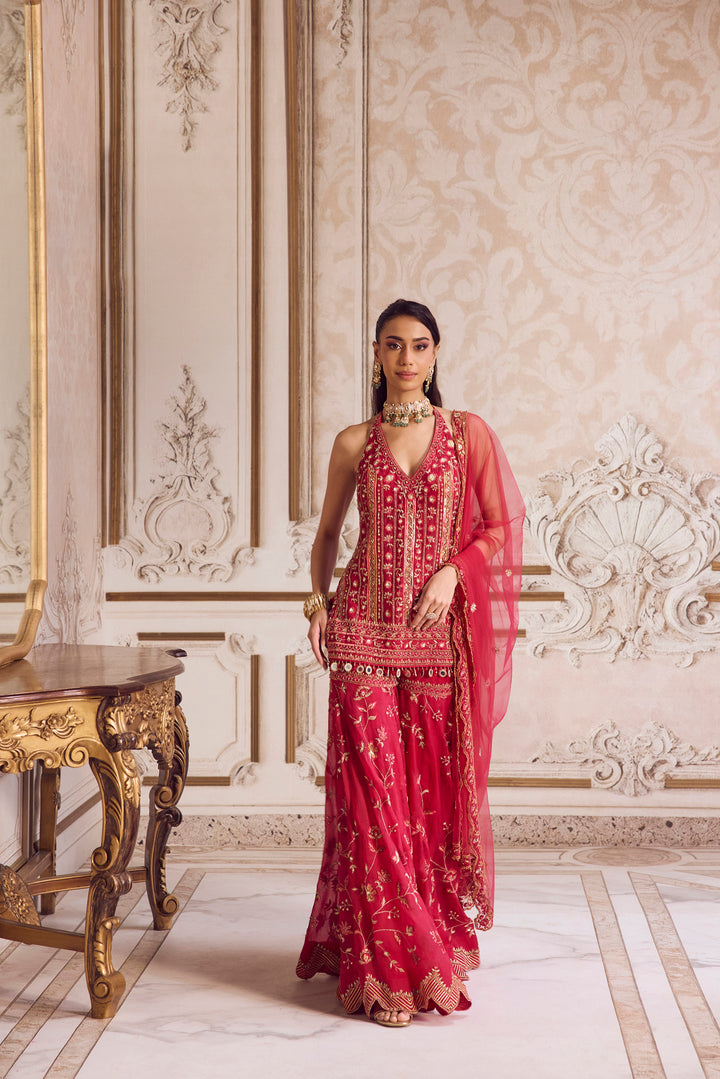 Magenta Halter Neck Kurta And Sharara
