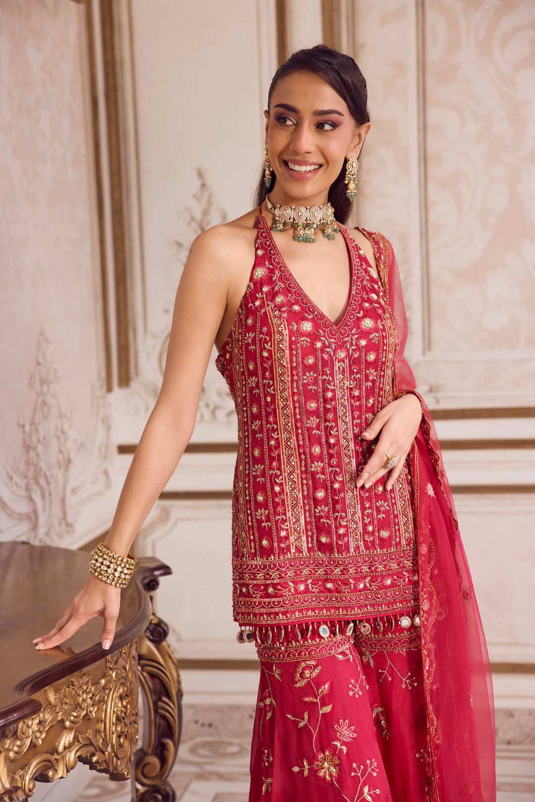 Magenta Halter Neck Kurta And Sharara