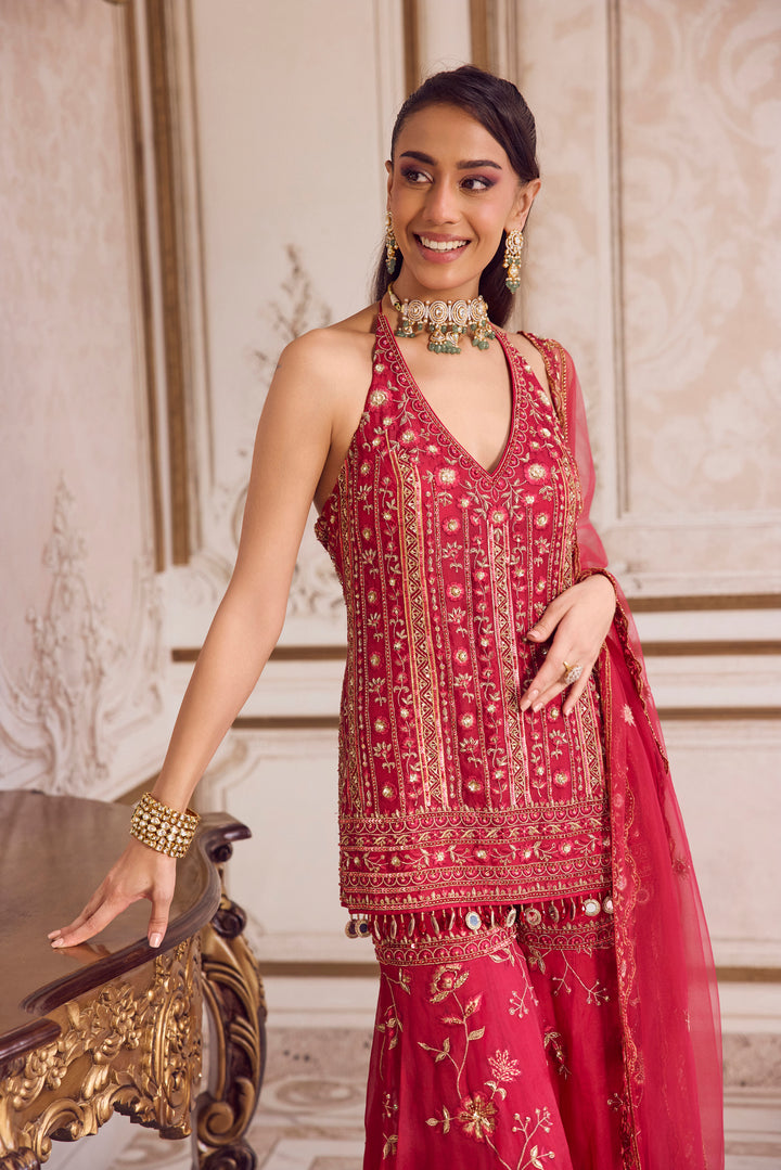 Magenta Halter Neck Kurta And Sharara