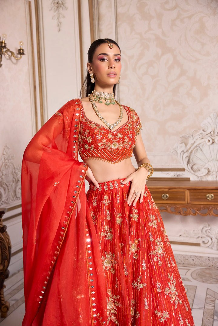 Rust Organza Lehenga