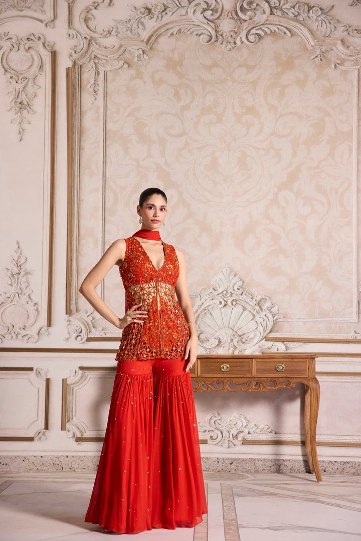 Rust Cut-Work Peplum And Sharara