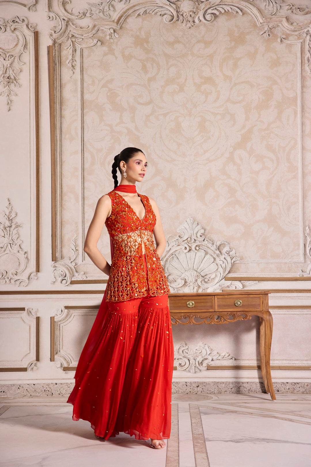 Rust Cut-Work Kurta And Sharara