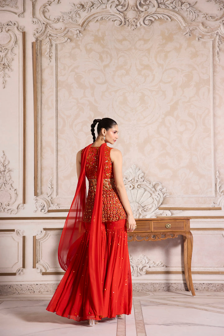 Rust Cut-Work Peplum And Sharara