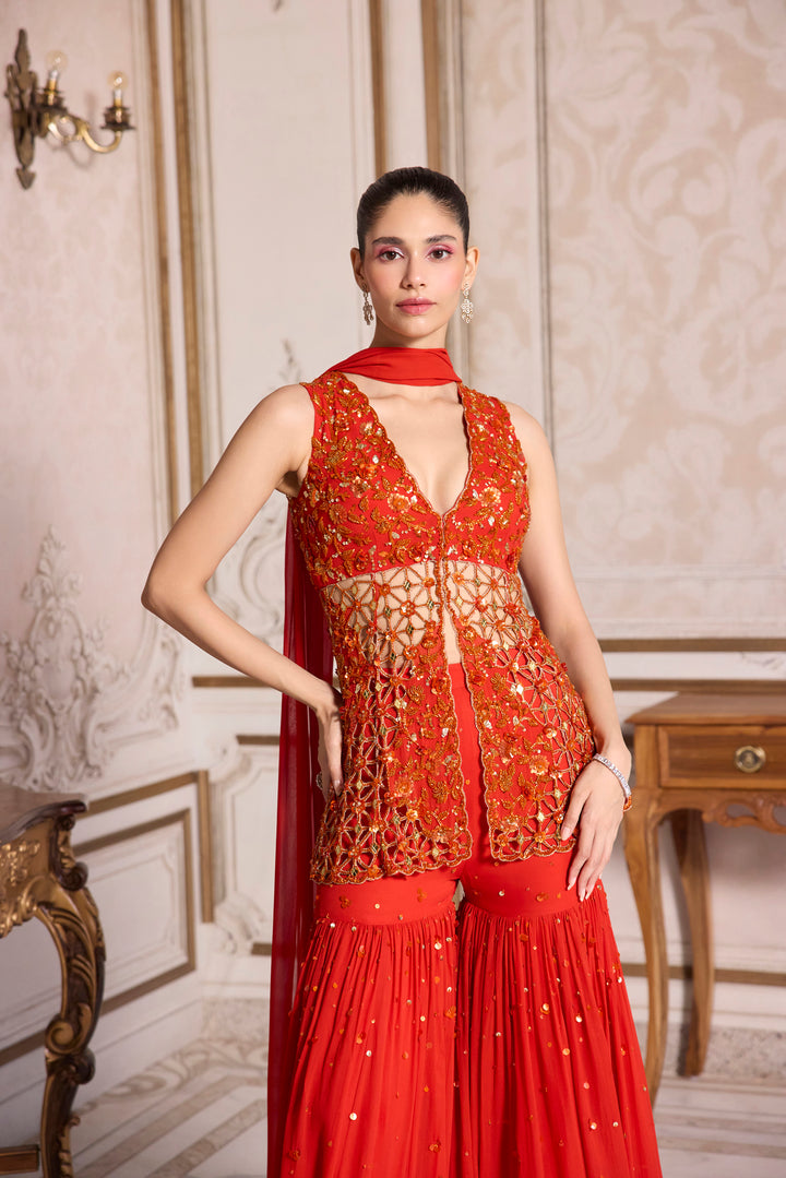 Rust Cut-Work Peplum And Sharara