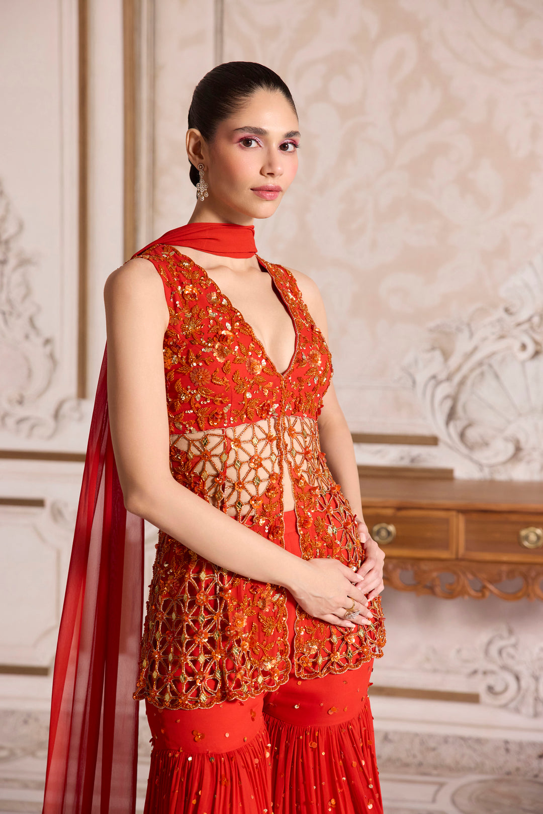 Rust Cut-Work Peplum And Sharara