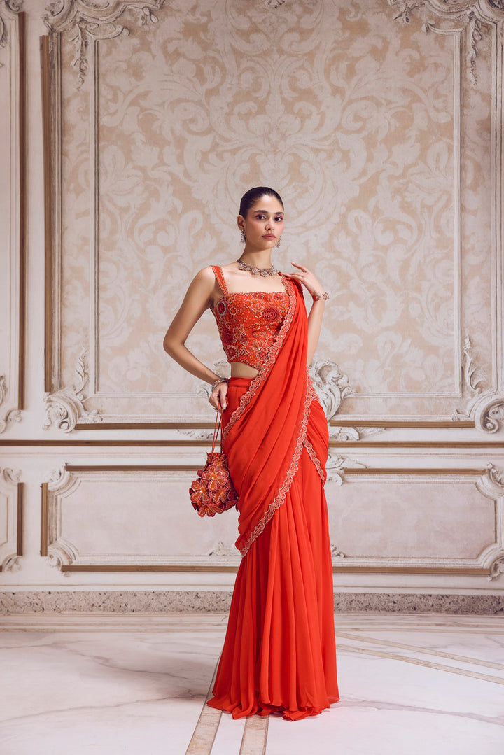 Rust Pre-Draped Saree And Corset