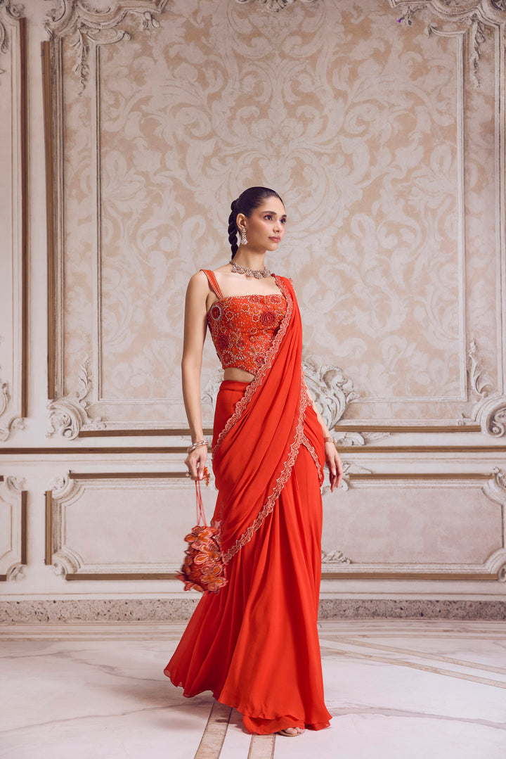 Rust Pre-Draped Saree And Corset