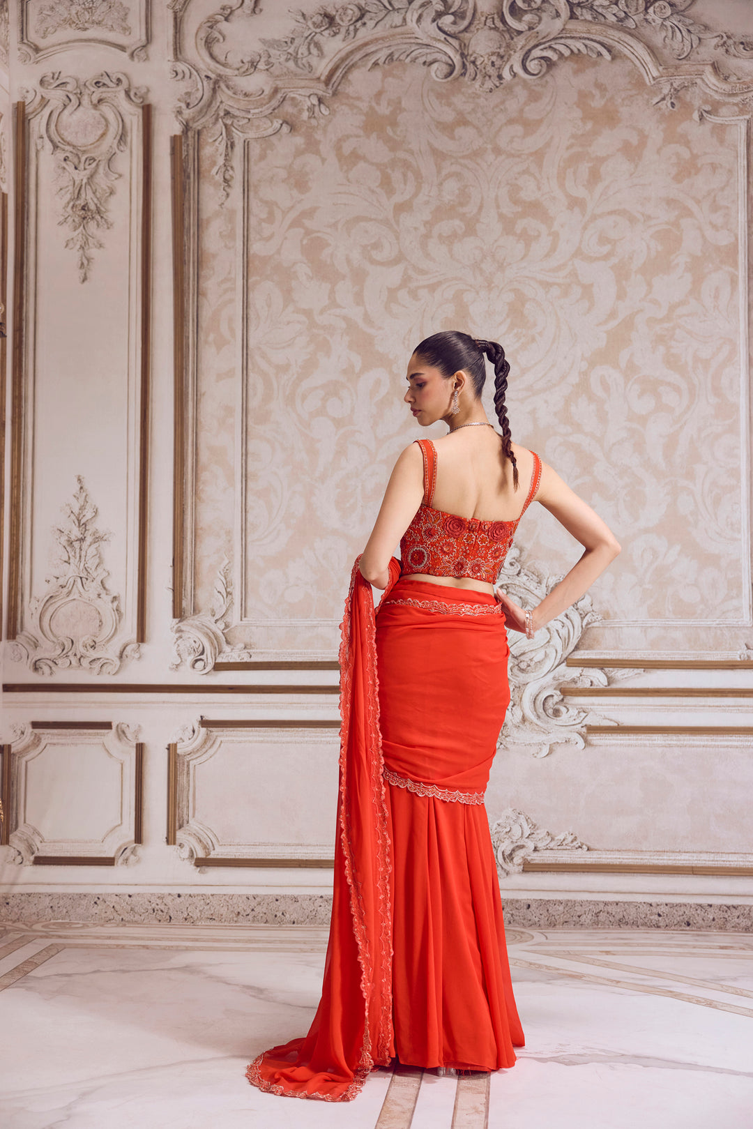 Rust Pre-Draped Saree And Corset