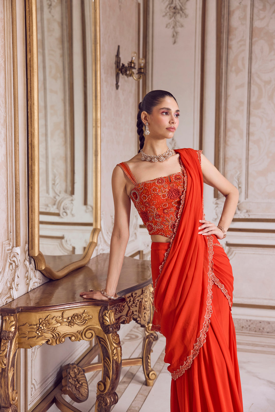 Rust Pre-Draped Saree And Corset