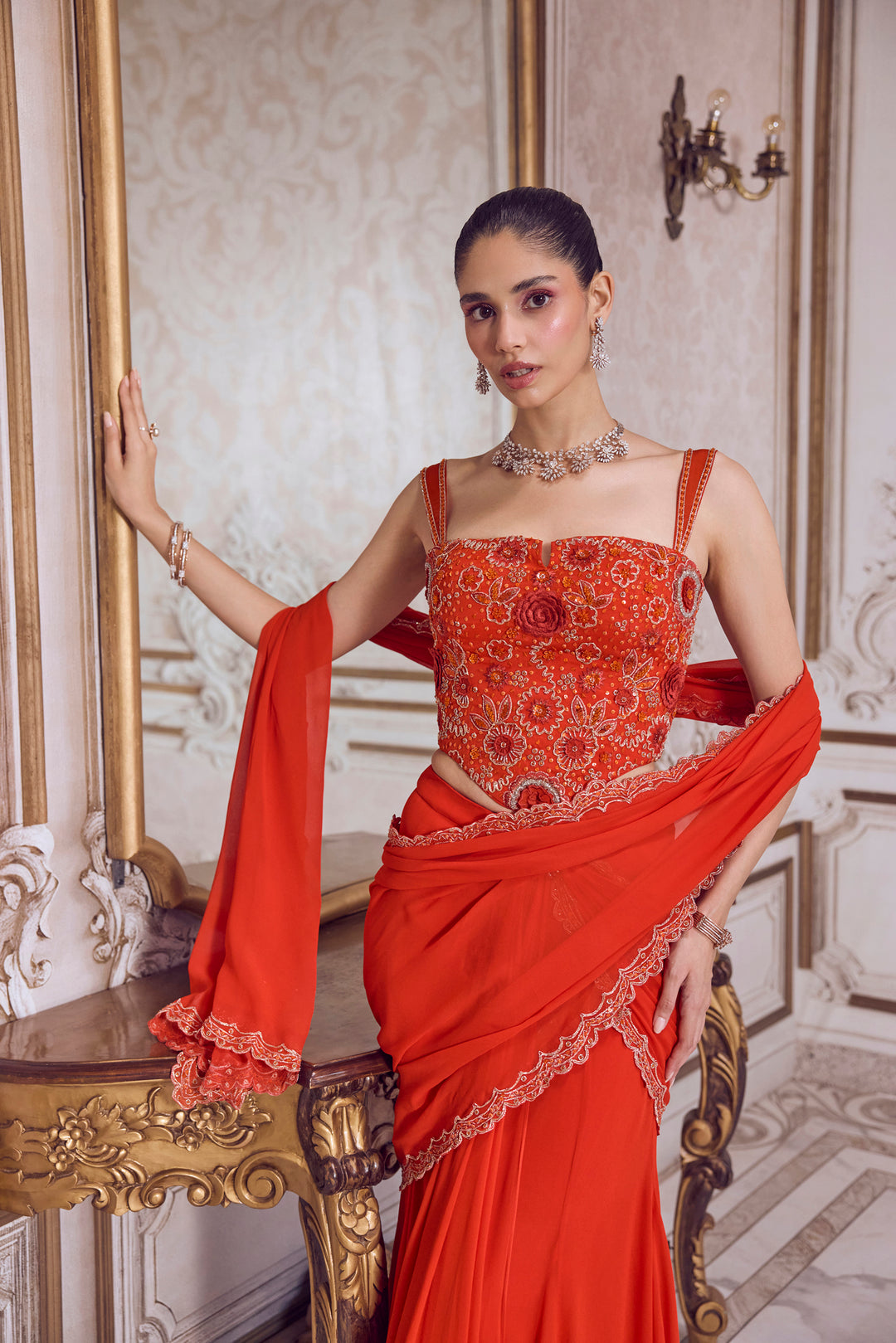 Rust Pre-Draped Saree And Corset