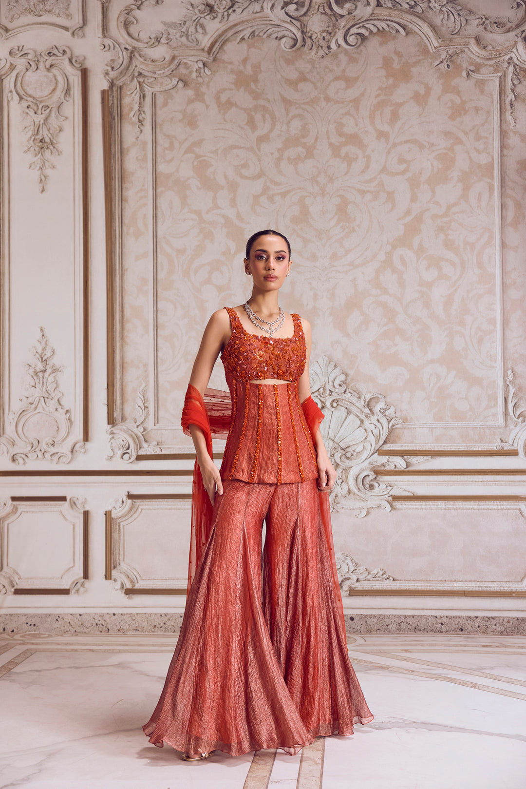 Rust Crushed Tissue Corset And Sharara