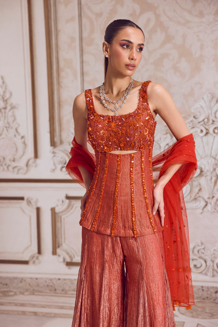 Rust Crushed Tissue Corset And Sharara