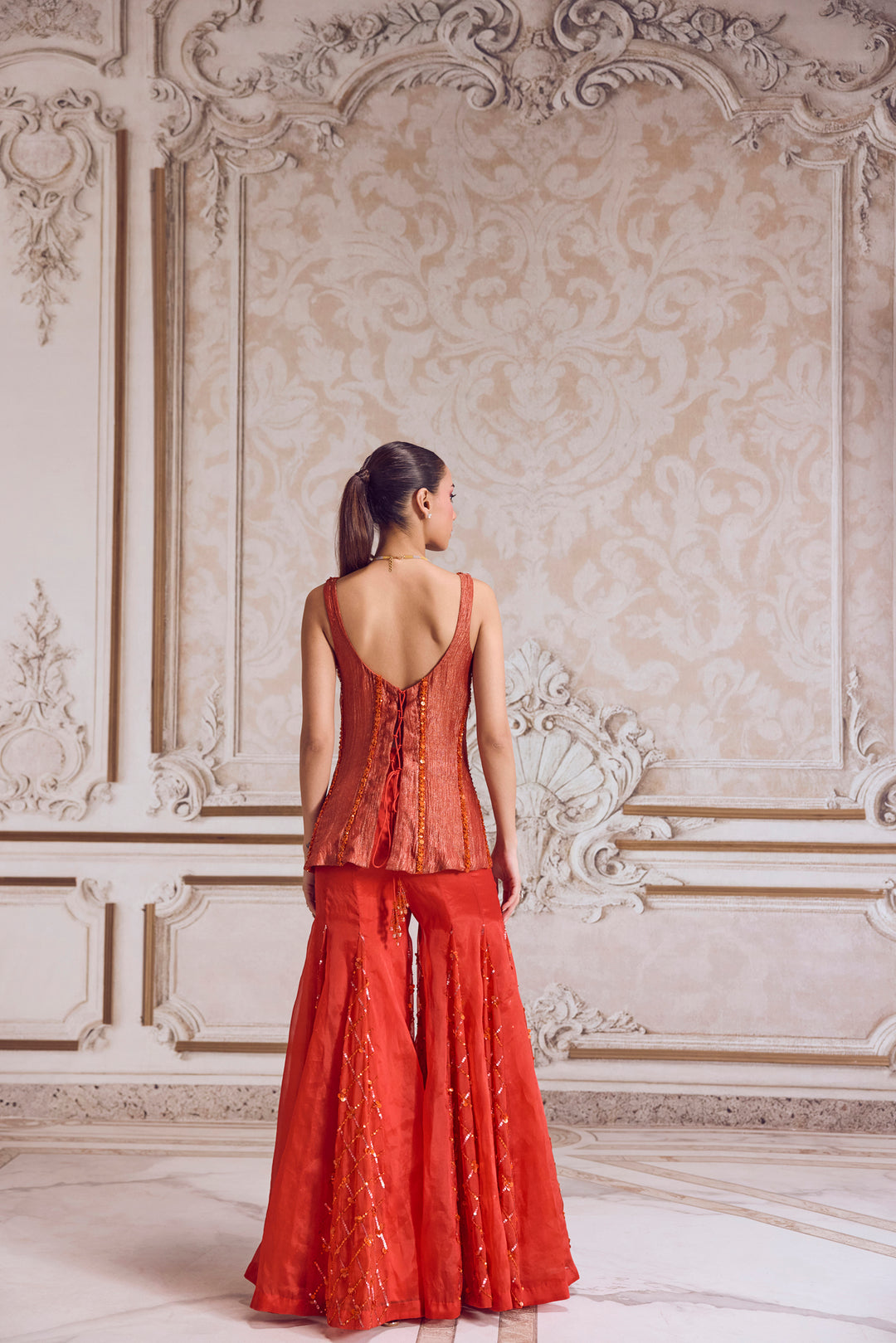 Rust Crushed Tissue Corset With Organza Sharara