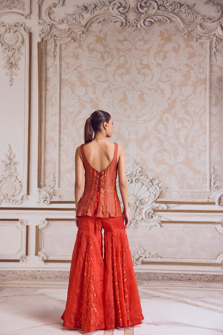 Rust Crushed Tissue Corset With Organza Sharara