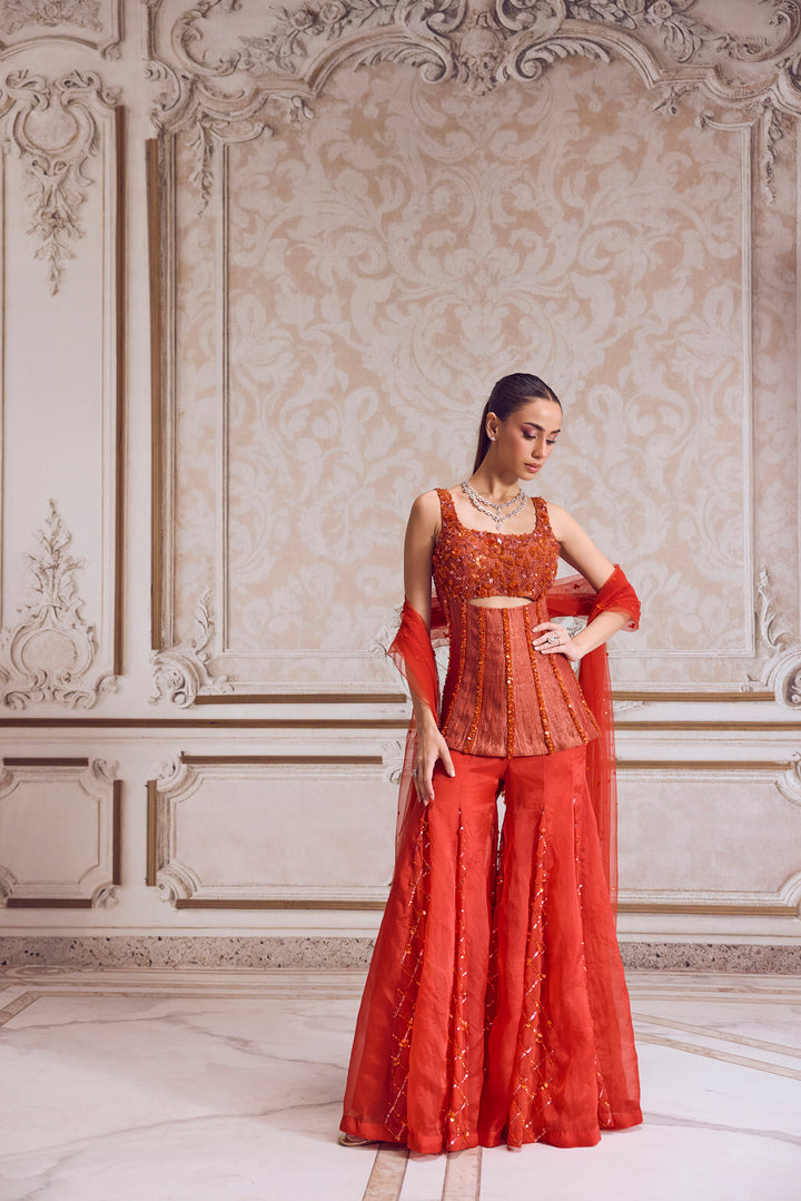 Rust Crushed Tissue Corset With Organza Sharara