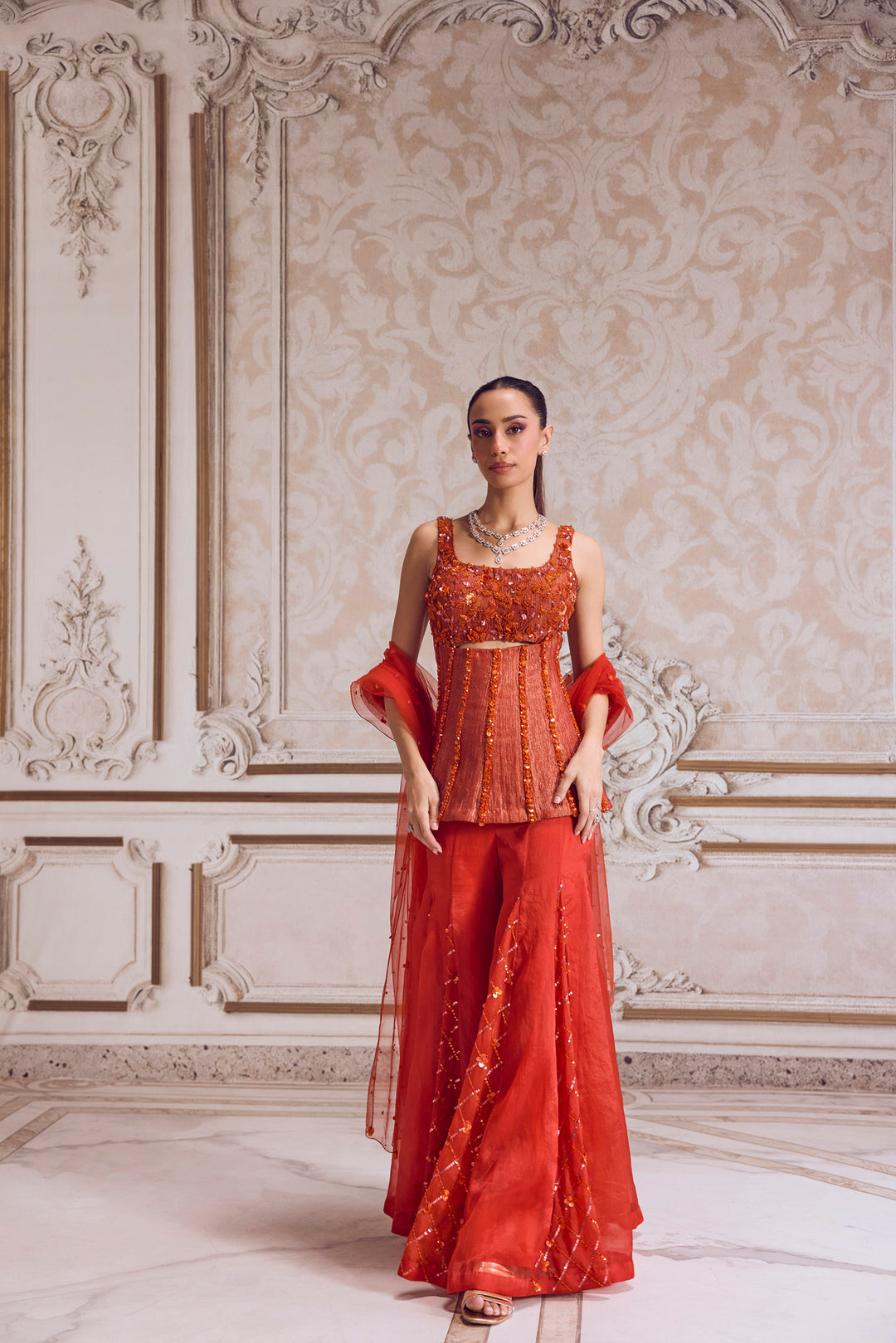 Rust Crushed Tissue Corset With Organza Sharara