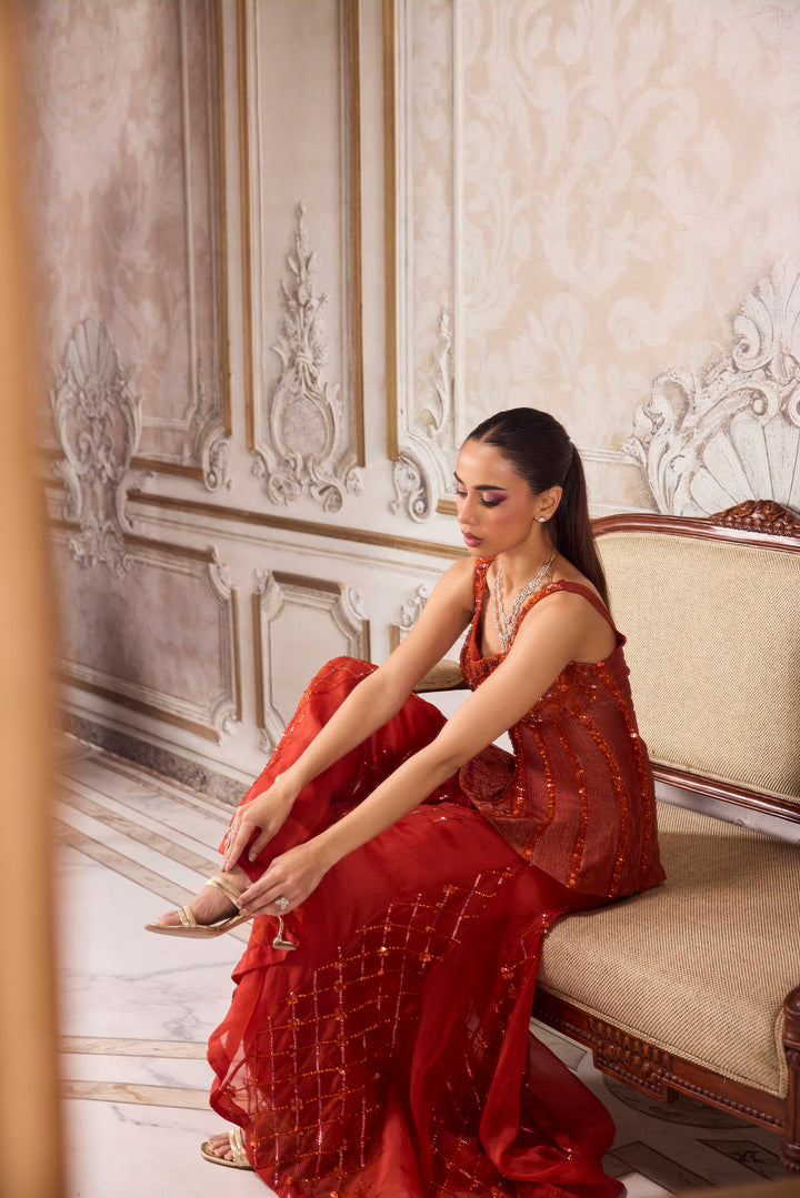 Rust Crushed Tissue Corset With Organza Sharara