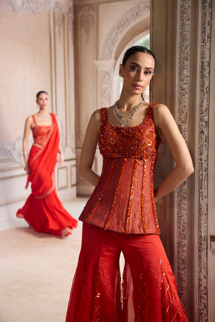 Rust Crushed Tissue Corset With Organza Sharara