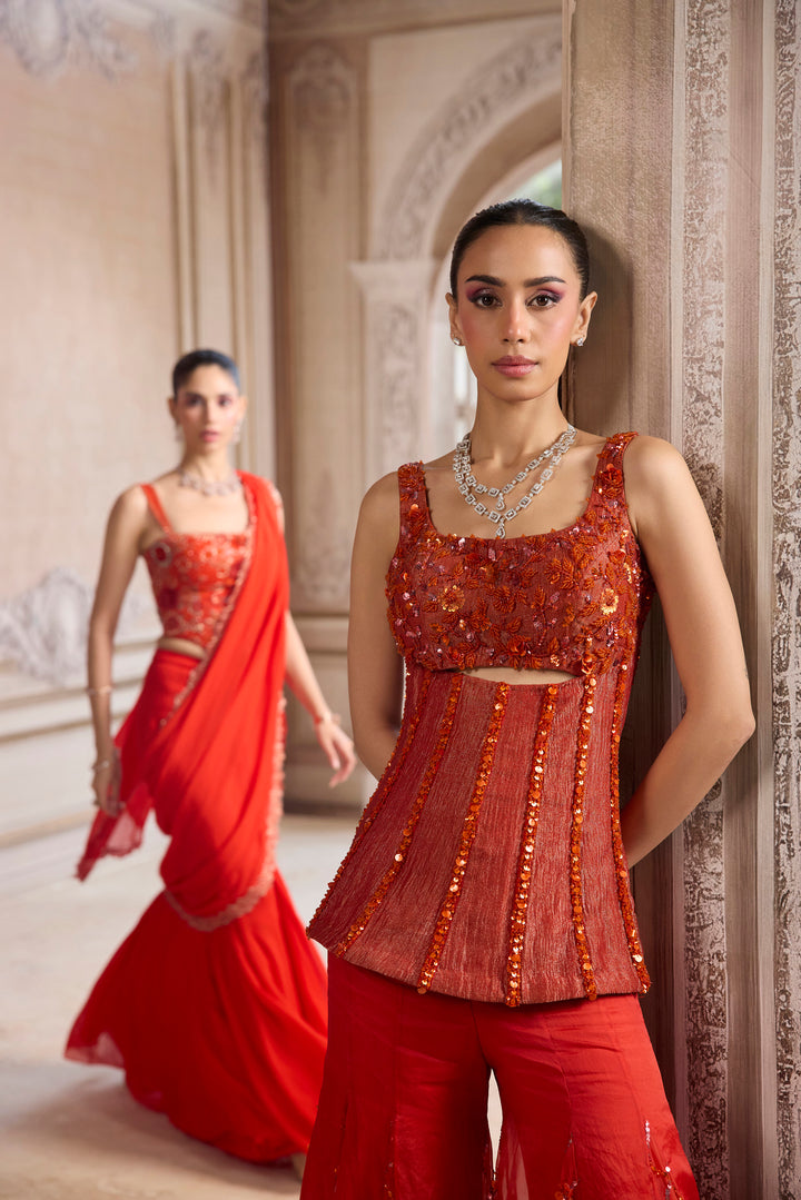 Rust Crushed Tissue Corset With Organza Sharara