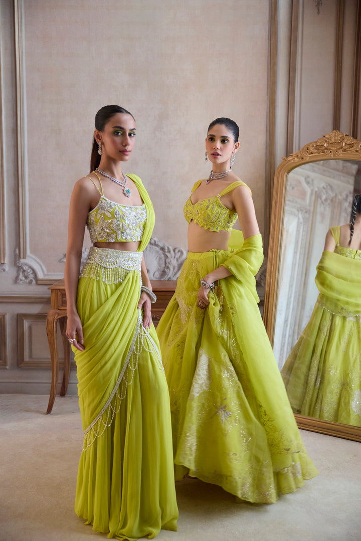 Neon Green Pre-Draped Saree With Bustier And Embroidered Belt