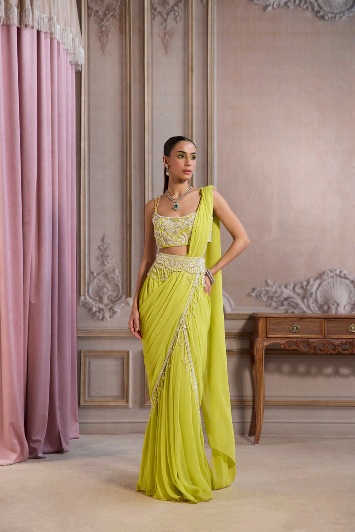 Neon Green Pre-Draped Saree With Bustier And Embroidered Belt