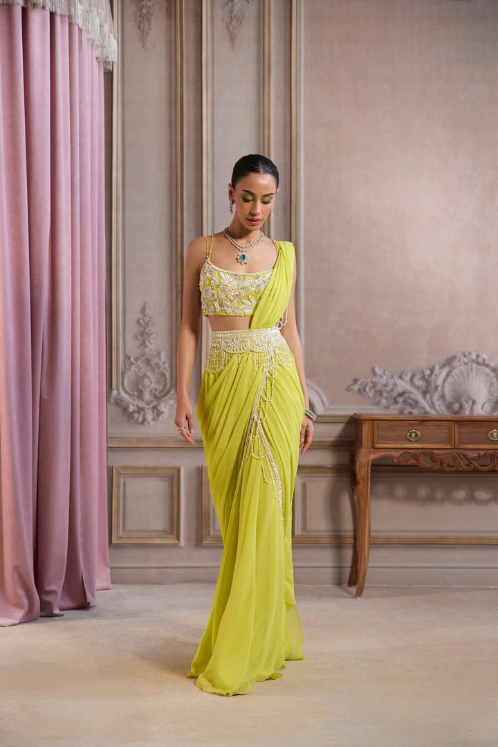 Neon Green Pre-Draped Saree With Bustier And Embroidered Belt