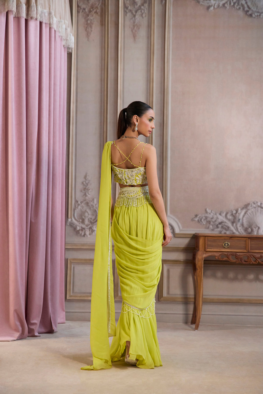 Neon Green Pre-Draped Saree With Bustier And Embroidered Belt