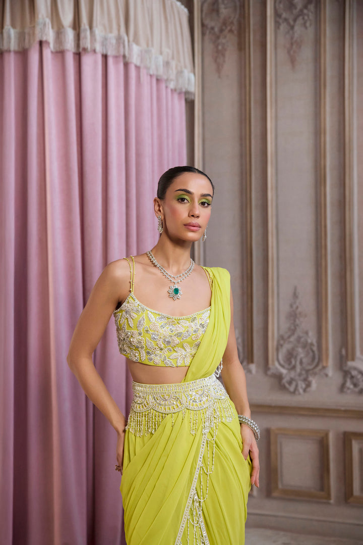 Neon Green Pre-Draped Saree With Bustier And Embroidered Belt