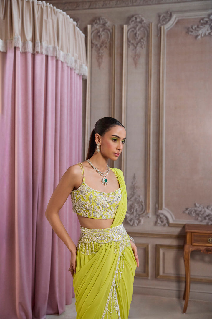 Neon Green Pre-Draped Saree With Bustier And Embroidered Belt