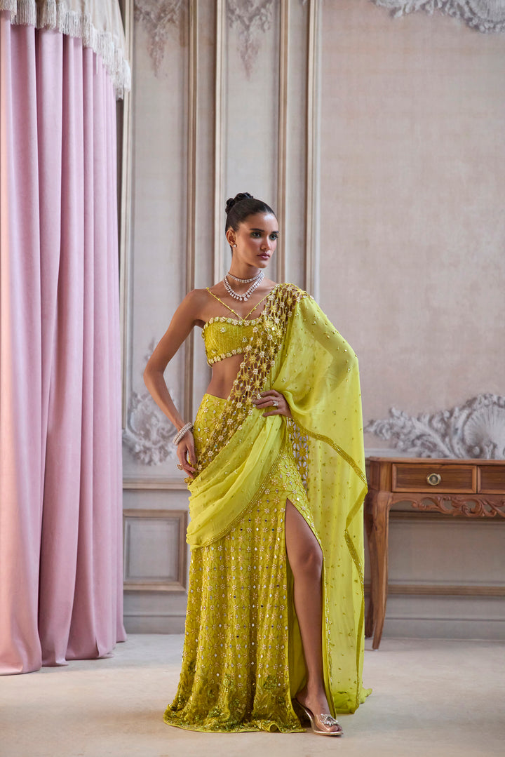 Neon Green Slit Saree With Cut-Work Palla