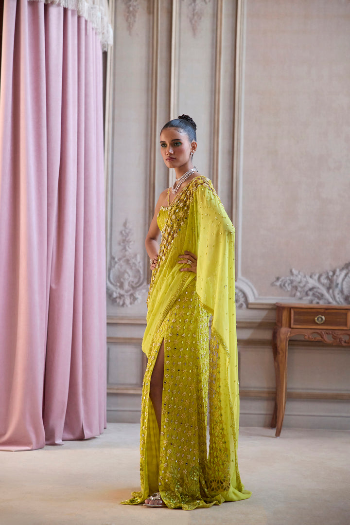 Neon Green Slit Saree With Cut-Work Palla