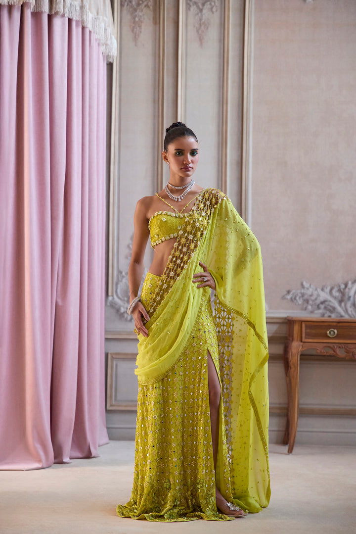 Neon Green Slit Saree With Cut-Work Palla
