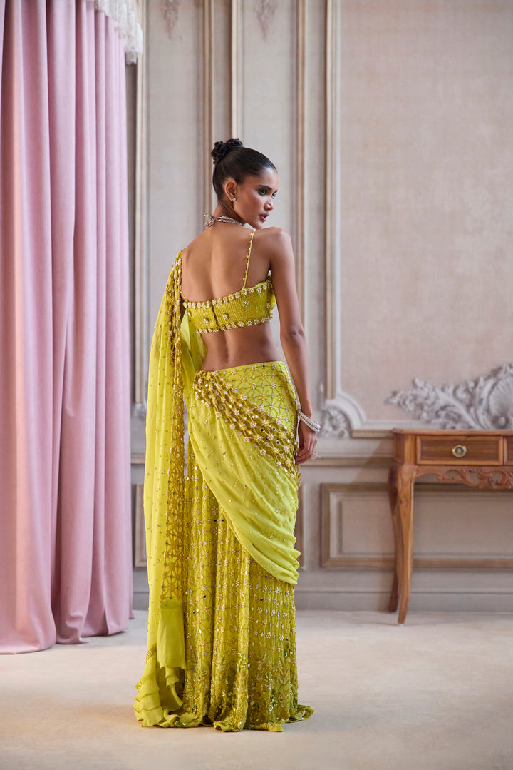 Neon Green Slit Saree With Cut-Work Palla