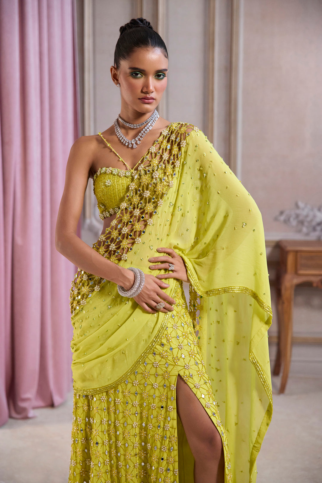 Neon Green Slit Saree With Cut-Work Palla