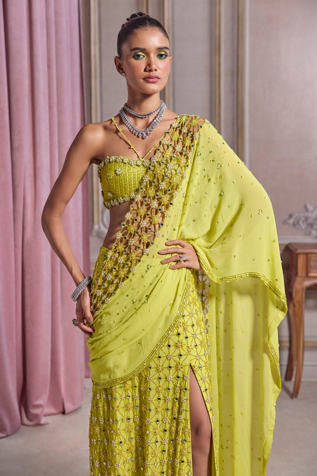 Neon Green Slit Saree With Cut-Work Palla