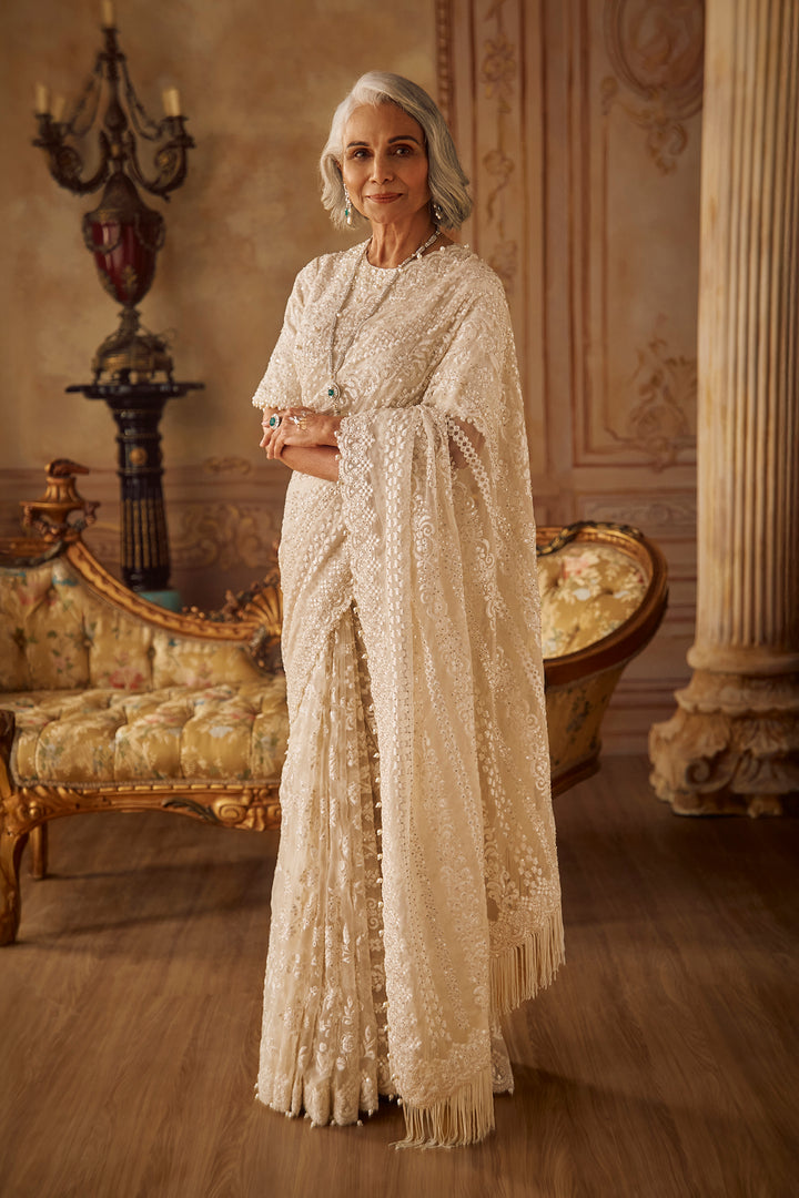 Ivory Organza Stripe Saree