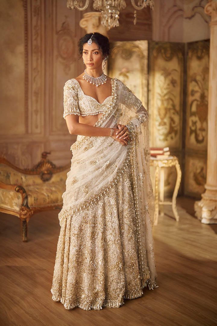 Ivory Gold Lehenga Saree Set