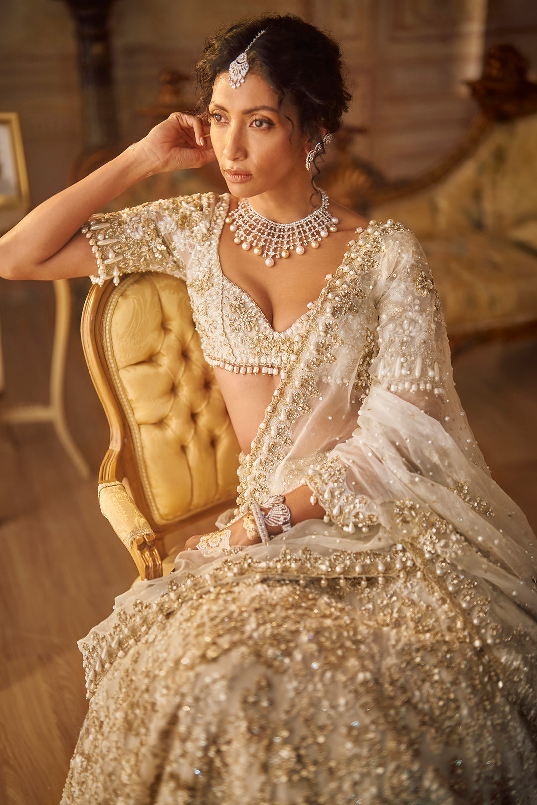 Ivory Gold Lehenga Saree Set