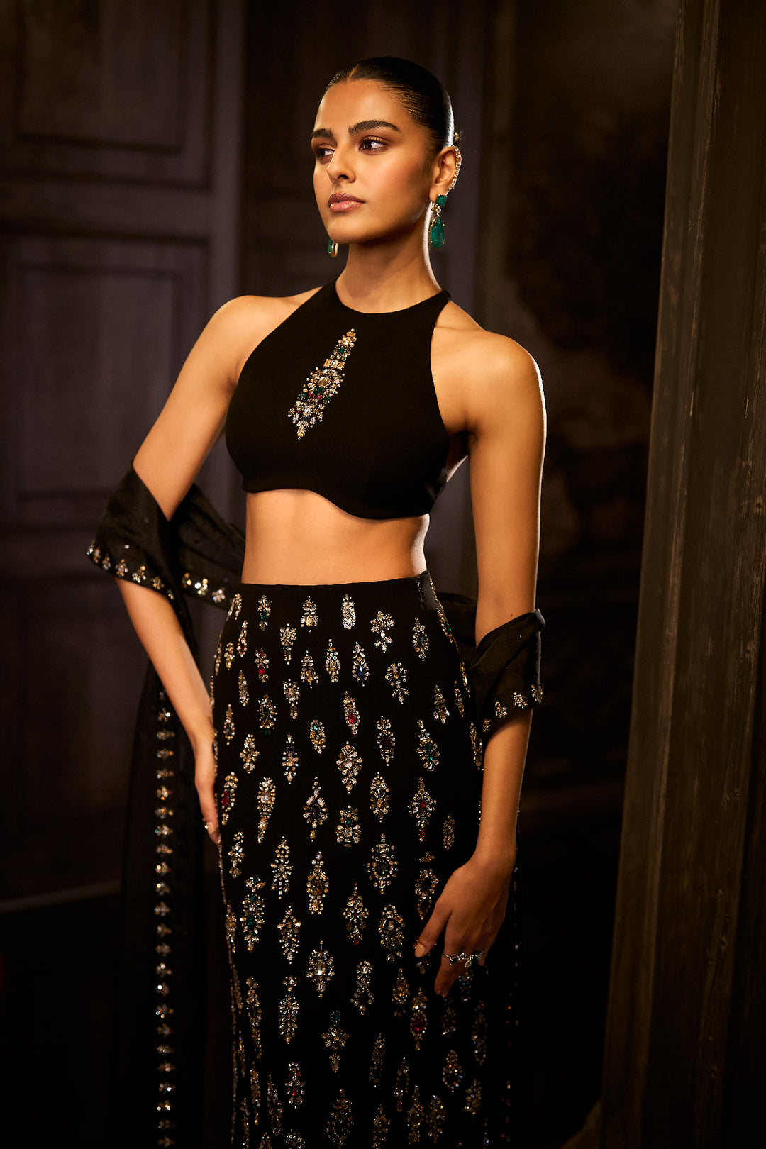 Black Crystal Skirt Set