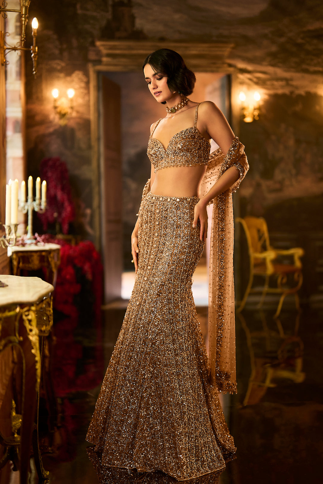 Antique Gold Crystal Fit & Flare Skirt Set