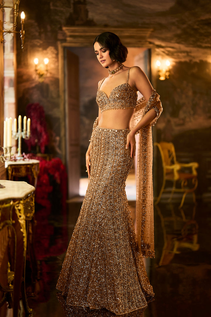 Antique Gold Crystal Fit & Flare Skirt Set