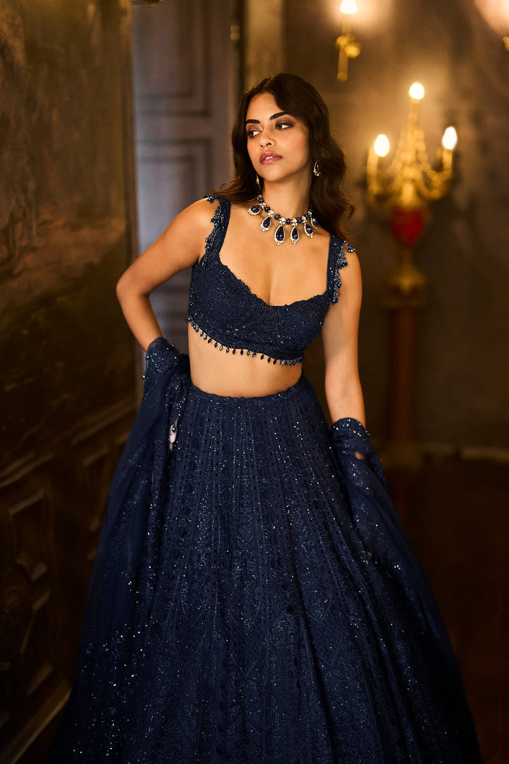 Navy Crystal Lehenga Set
