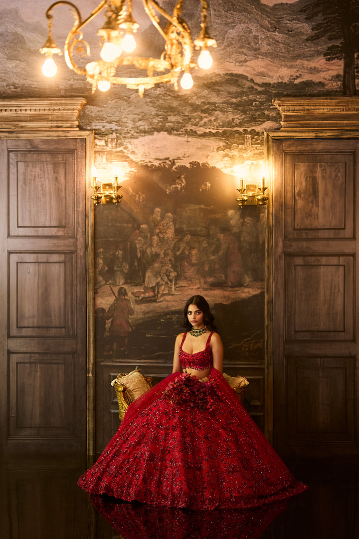 Red Sequin & Crystal Lehenga Set