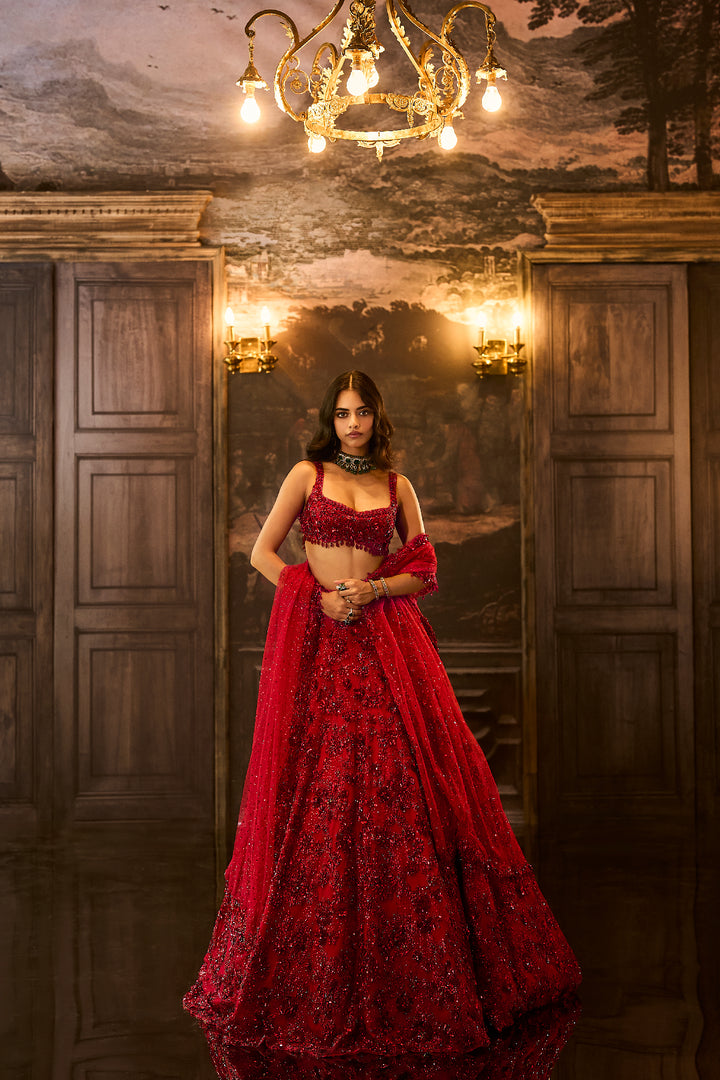 Red Sequin & Crystal Lehenga Set
