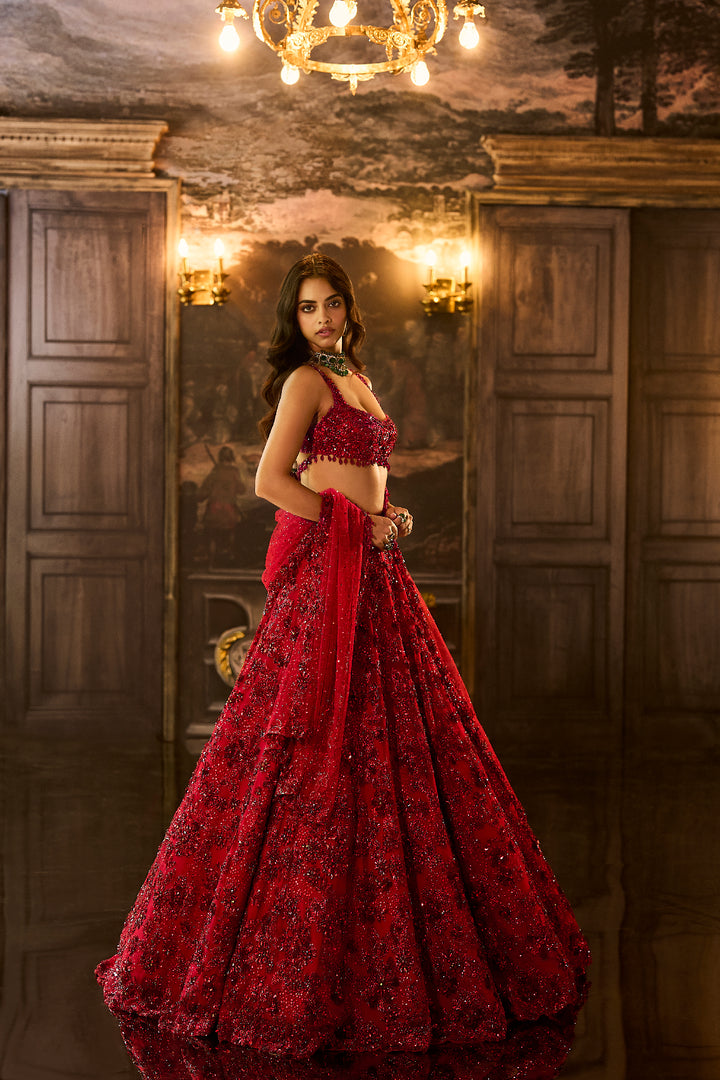 Red Sequin & Crystal Lehenga Set